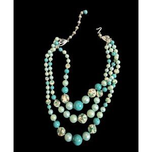 Vintage Multi-Strand Turquoise blue & Marble Bead Necklace With Silver Clasp